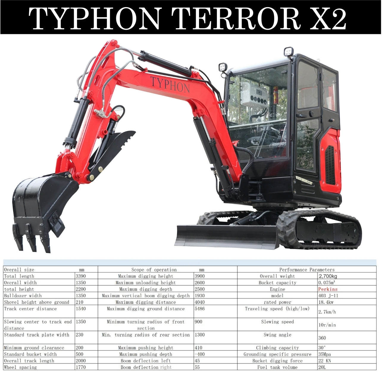 TYPHON TERROR X2 Mini Excavator 2.7 Ton EPA Diesel Perkins Engine - New Excavator For Sale