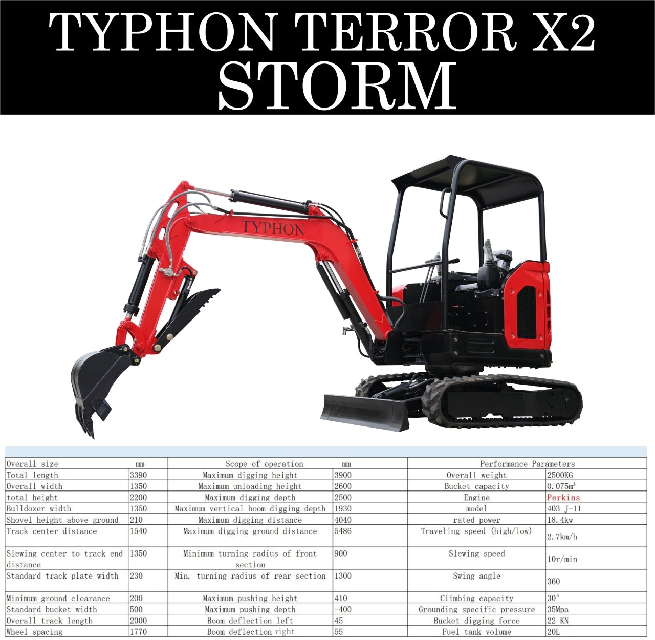 TYPHON TERROR X2 STORM Mini Excavator 2.5 Ton Diesel Perkins Engine - New Excavator For Sale