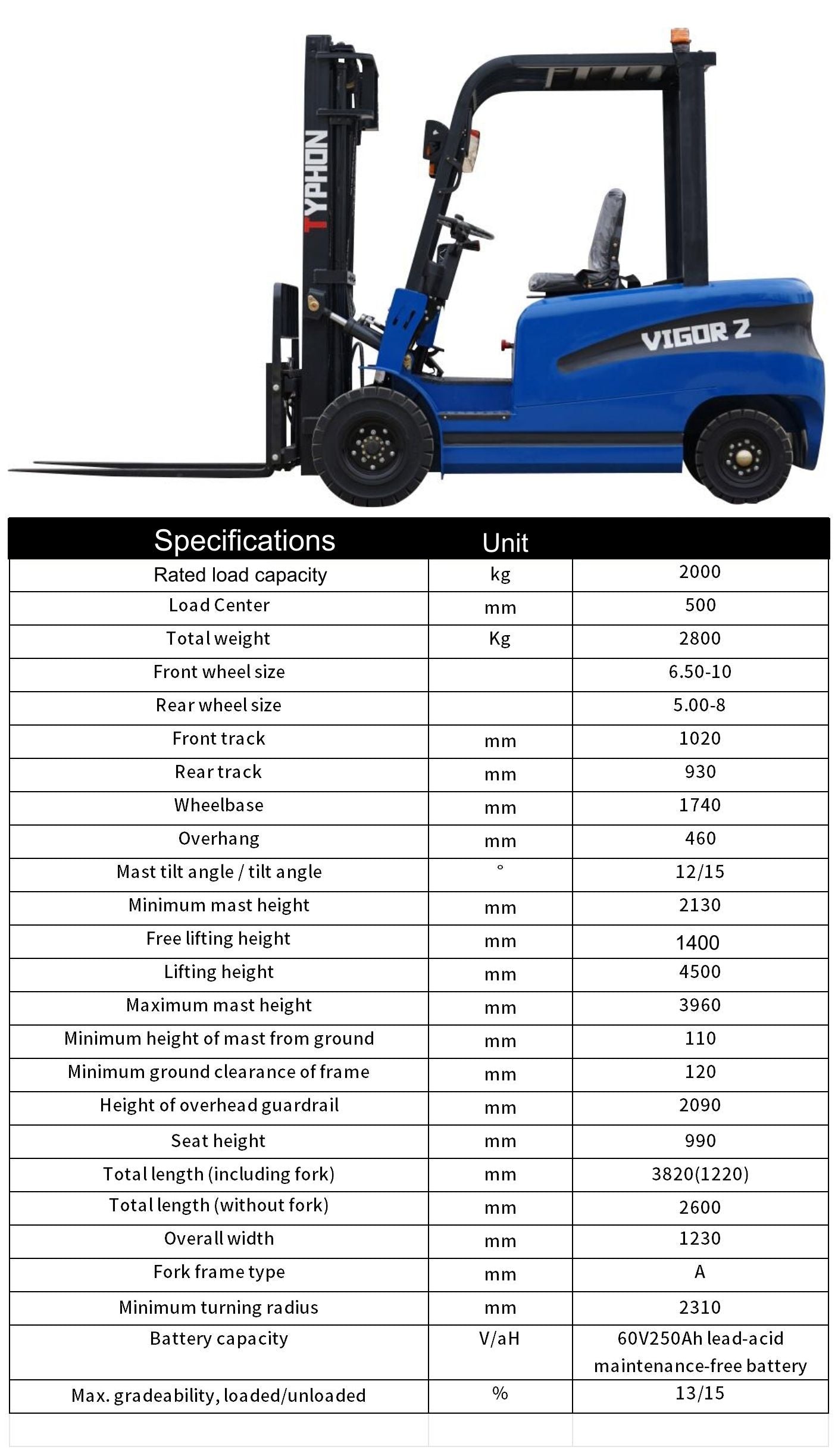 TYPHON VIGOR 2 Blue Electric Forklift 2 Ton Lifter