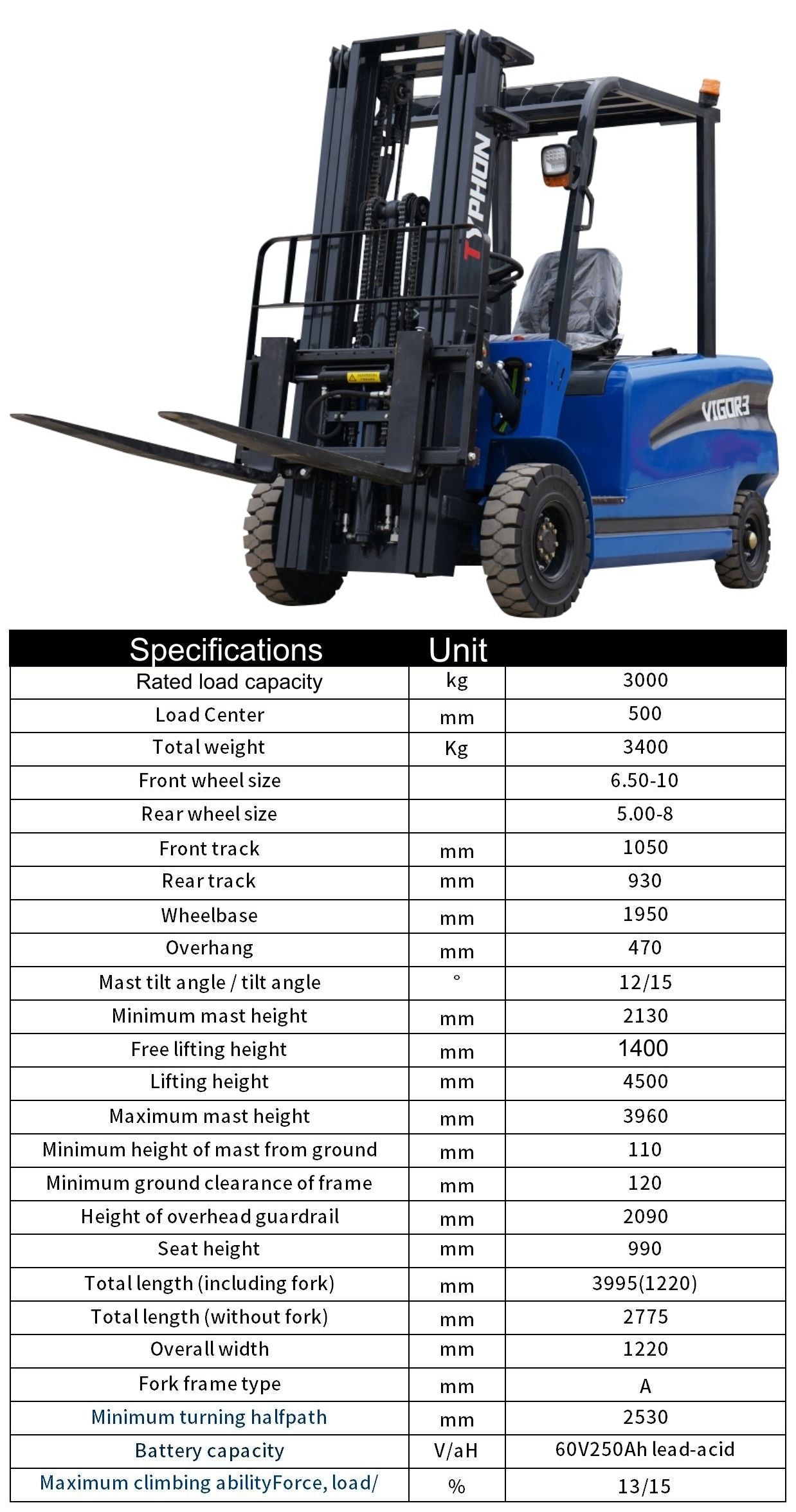 TYPHON VIGOR 3.0 Blue Electric Forklift 3 Ton Lifter
