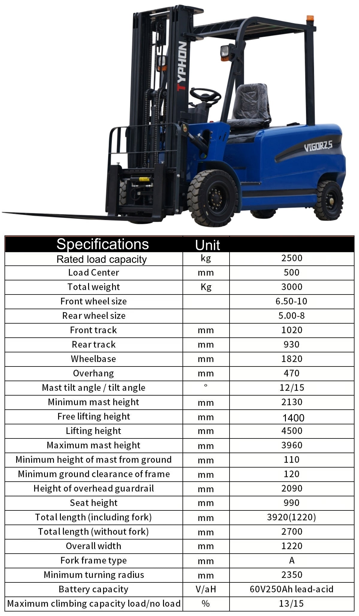 TYPHON VIGOR 2.5 Blue Electric Forklift 2.5 Ton