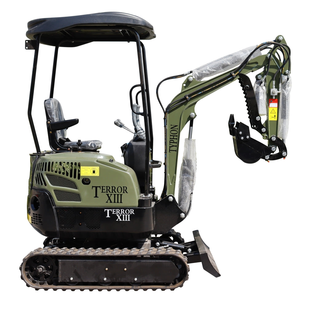 TYPHON TERROR XIII Mini Excavator – 1.3 Ton Trench Digger with Canopy, Hydraulic Thumb Clip, 13.5hp B&S Engine USA
