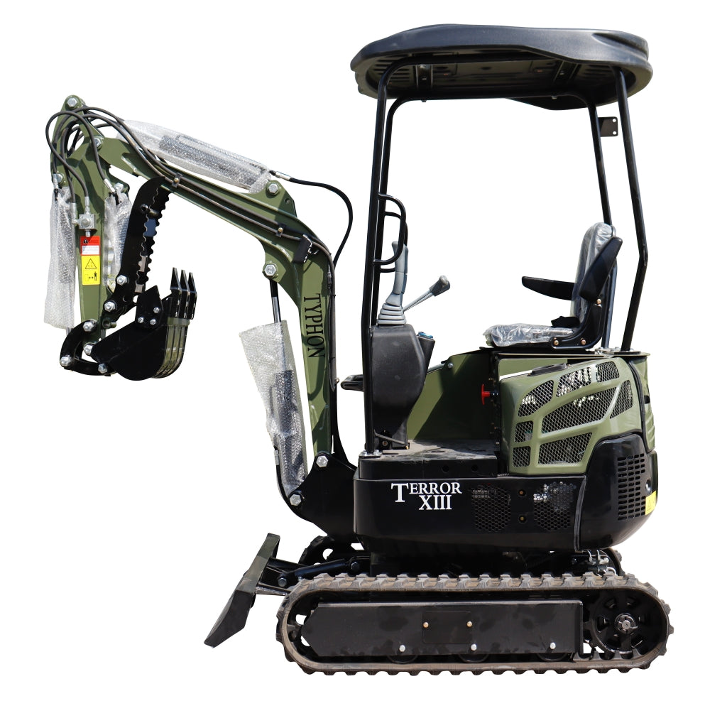 TYPHON TERROR XIII Mini Excavator – 1.3 Ton Trench Digger with Canopy, Hydraulic Thumb Clip, 13.5hp B&S Engine USA