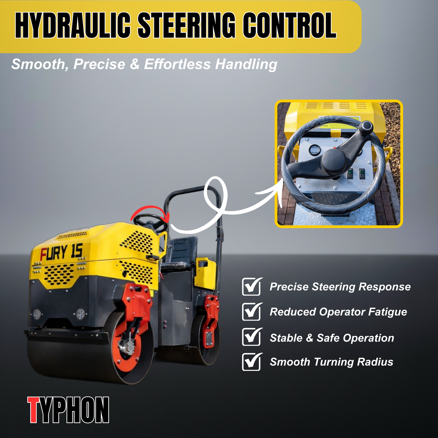 TYPHON Fury 15 Compact Road Roller – Hydraulic Drive, Front Wheel Vibration System, 13.5 hp B&S Gas Engine