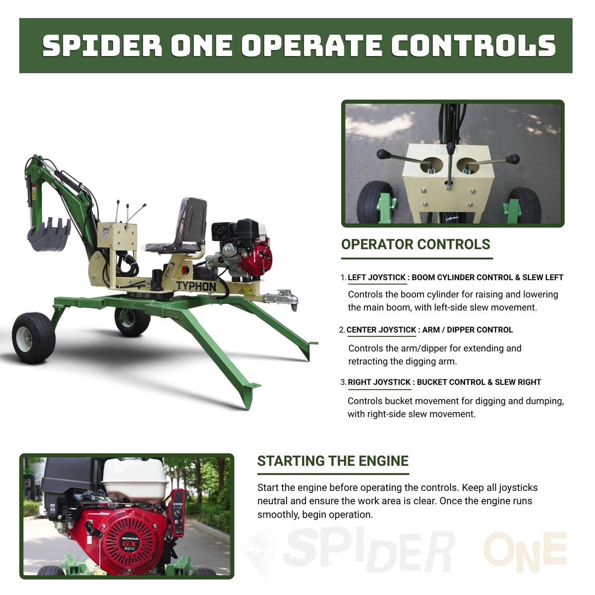 TYPHON Spider One Mini Excavator - EPA Certified Honda GX390, 360° Rotation, Towable