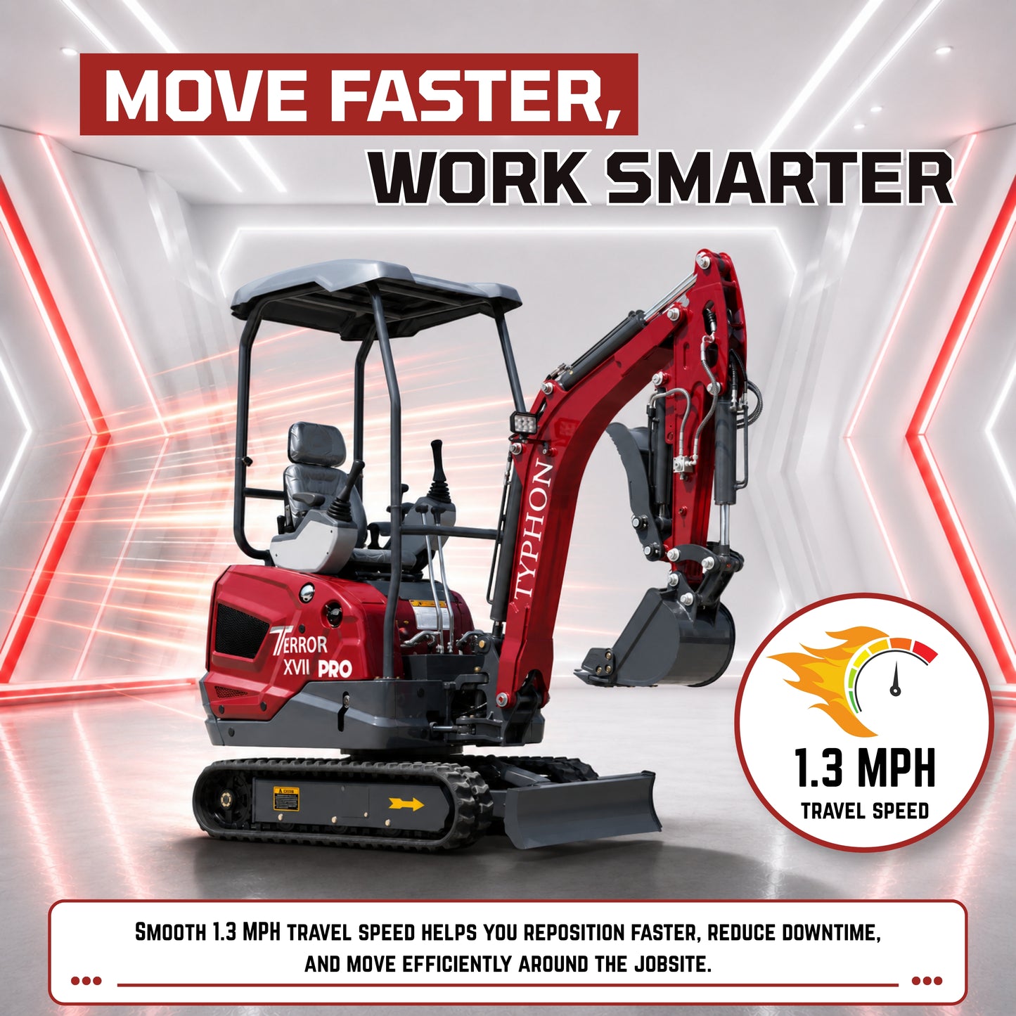 YPHON TERROR XVII PRO Mini Excavator. Powered by a Kubota D902 engine, featuring dual auxiliary hydraulics, 86-inch diging depth, and a hydraulic thumb. Free Shipping.