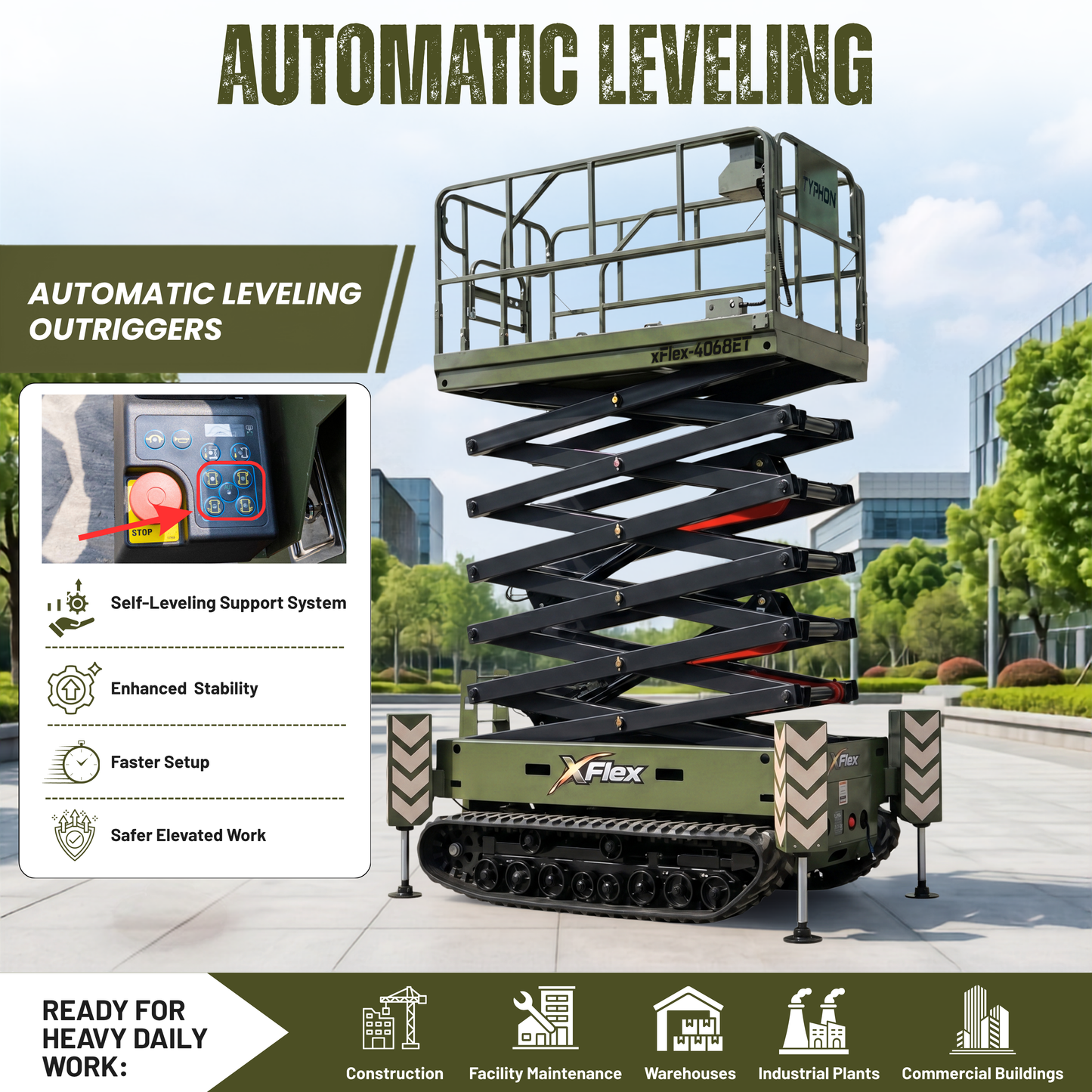 TYPHON xFlex-4068ET 3.2 Ton Electric Rubber Track Scissor Lift&nbsp; 40 ft Max Platform Height&nbsp; 5.4HP Hydraulic Pump Motor 35-Inch Platform Extension