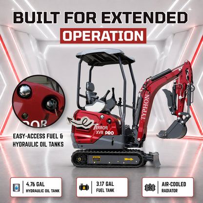YPHON TERROR XVII PRO Mini Excavator. Powered by a Kubota D902 engine, featuring dual auxiliary hydraulics, 86-inch diging depth, and a hydraulic thumb. Free Shipping.