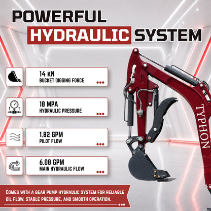 YPHON TERROR XVII PRO Mini Excavator. Powered by a Kubota D902 engine, featuring dual auxiliary hydraulics, 86-inch diging depth, and a hydraulic thumb. Free Shipping.