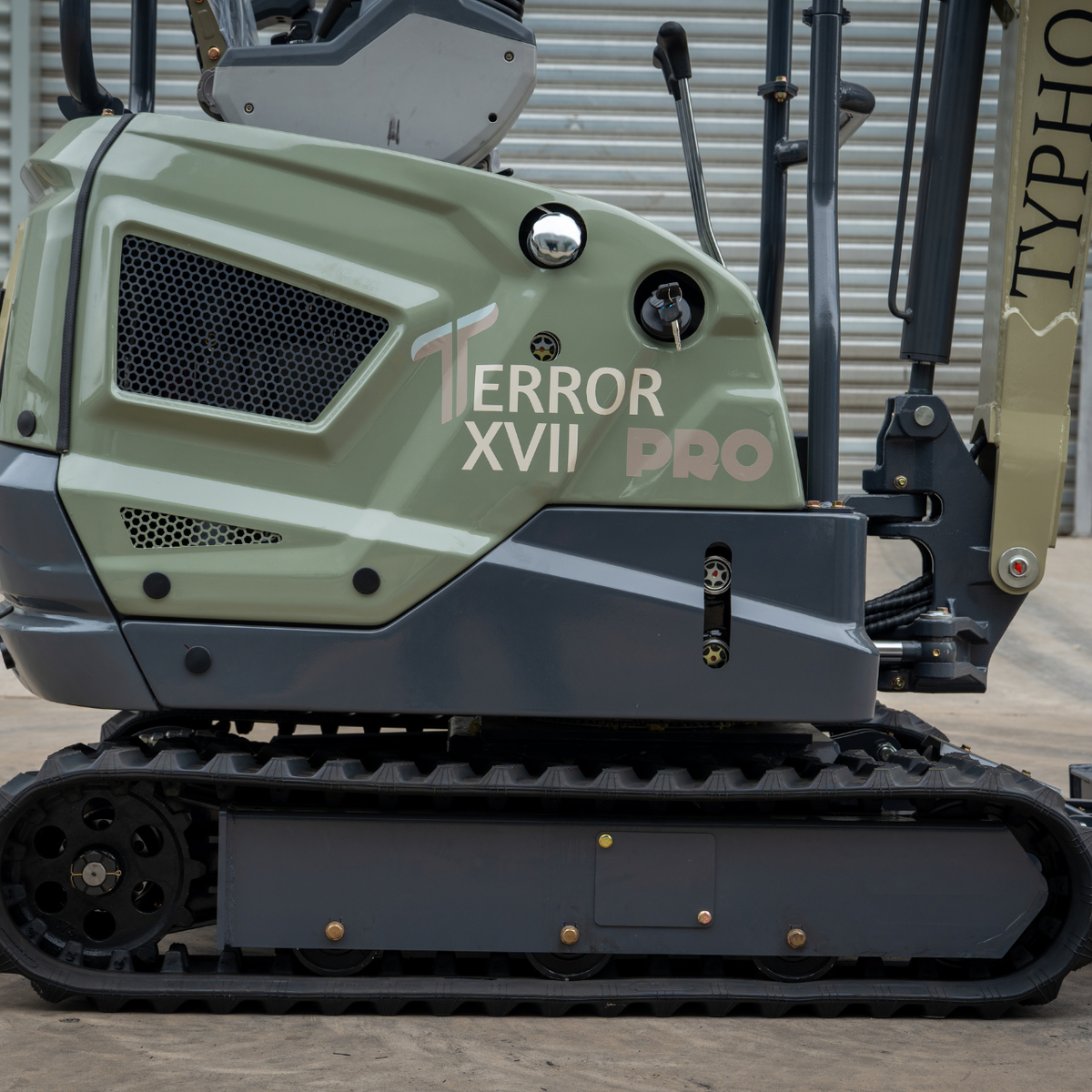 TYPHON TERROR XVII PRO 3,800 lb mini excavator with a Kubota D902 diesel engine, 360° swing, hydraulic thumb, and dozer blade.