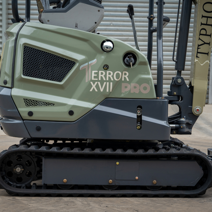 TYPHON TERROR XVII PRO 3,800 lb mini excavator with a Kubota D902 diesel engine, 360° swing, hydraulic thumb, and dozer blade.