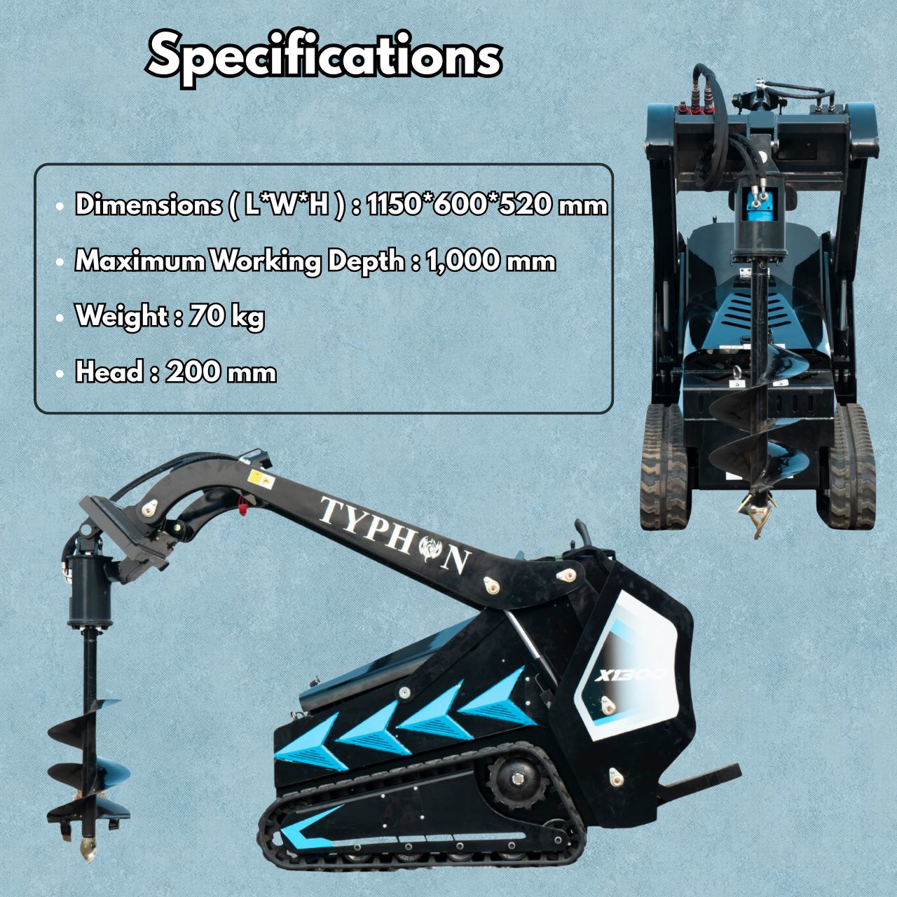 Hydraulic Earth Auger Attachment 200mm for Mini Skid Steer – TYPHON STOMP X1300 & STOMP 509 - New Excavator For Sale