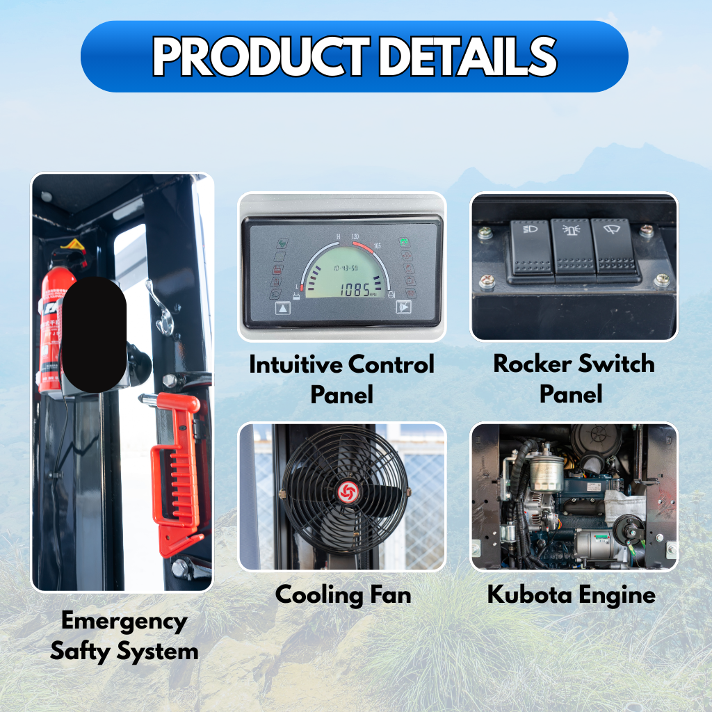 TYPHON TERROR XIX Prestige, 20.4 HP Kubota D902 4200lbs Mini Excavator with Boom Swing, Retractable Tracks, and Heater Cabin