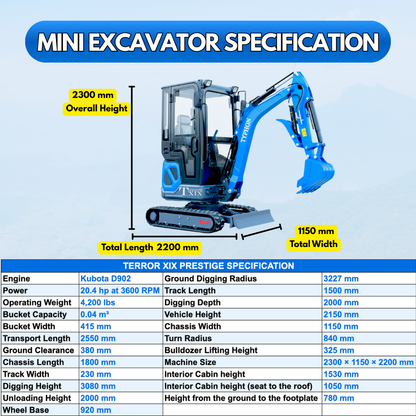 TYPHON TERROR XIX Prestige, 20.4 HP Kubota D902 4200lbs Mini Excavator with Boom Swing, Retractable Tracks, and Heater Cabin