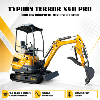 TYPHON TERROR XVII Pro Mini Excavator 14 kN Digging Force Dual Auxiliary Circuits EPA-Certified Kubota D902 Engine