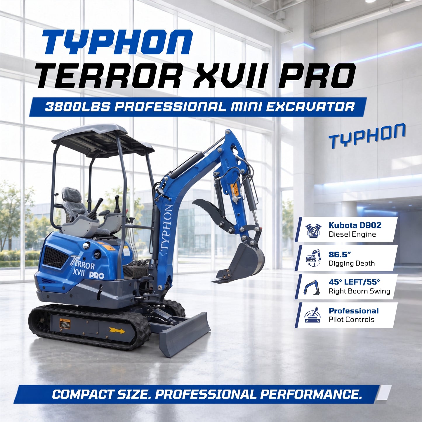 TYPHON TERROR XVII PRO 3800 lb mini excavator Hydraulic System Integrated Oil Cooler EPA-Certified Kubota D902 Engine - New Excavator For Sale