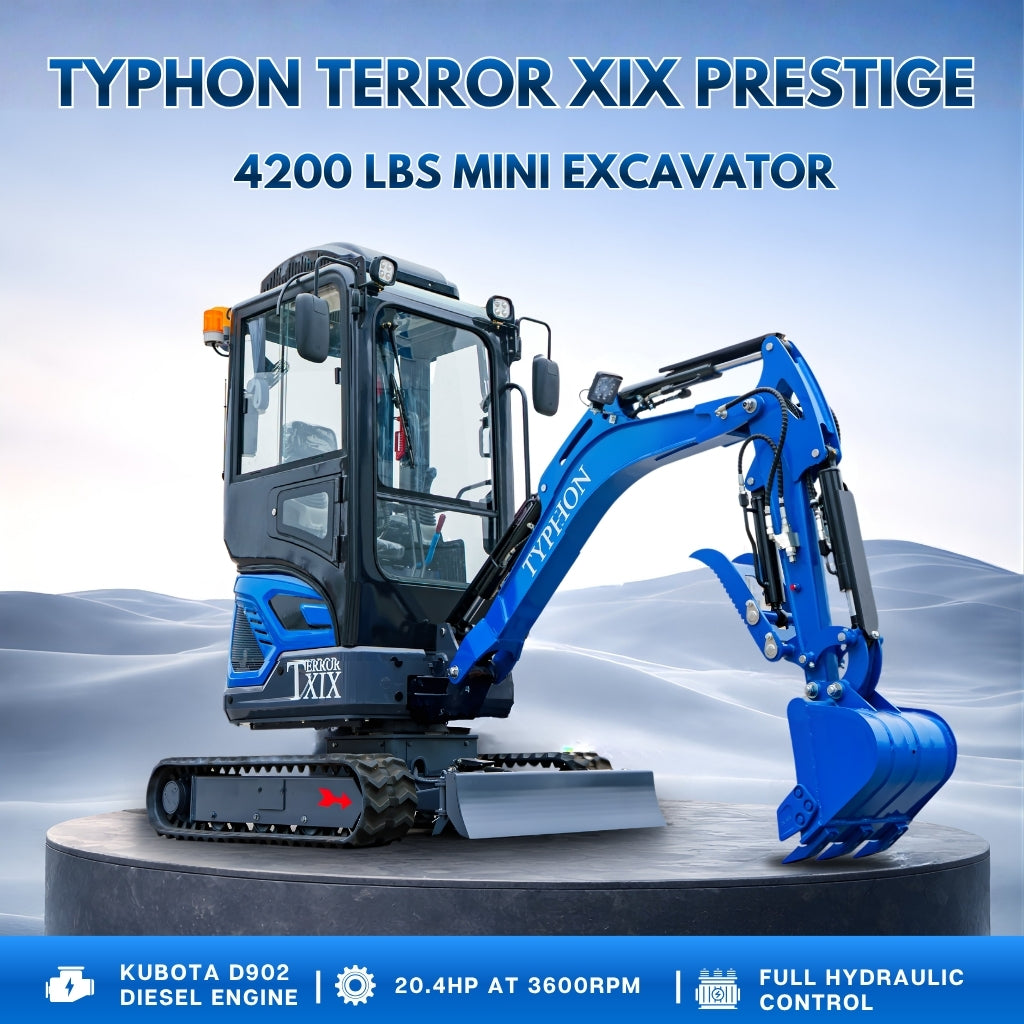 TYPHON TERROR XIX Prestige, 20.4 HP Kubota D902 4200lbs Mini Excavator with Boom Swing, Retractable Tracks, and AC/Heater Cabin - New Excavator For Sale