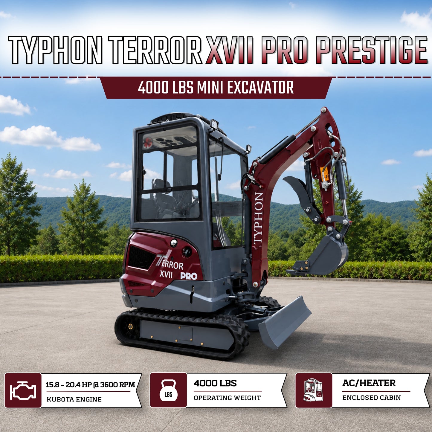 TYPHON TERROR XVII PRO Prestige Mini Excavator  Kubota D902 Diesel Engine  Retractable Rubber Tracks  Swing Boom  Hydraulic Thumb  AC & Heater