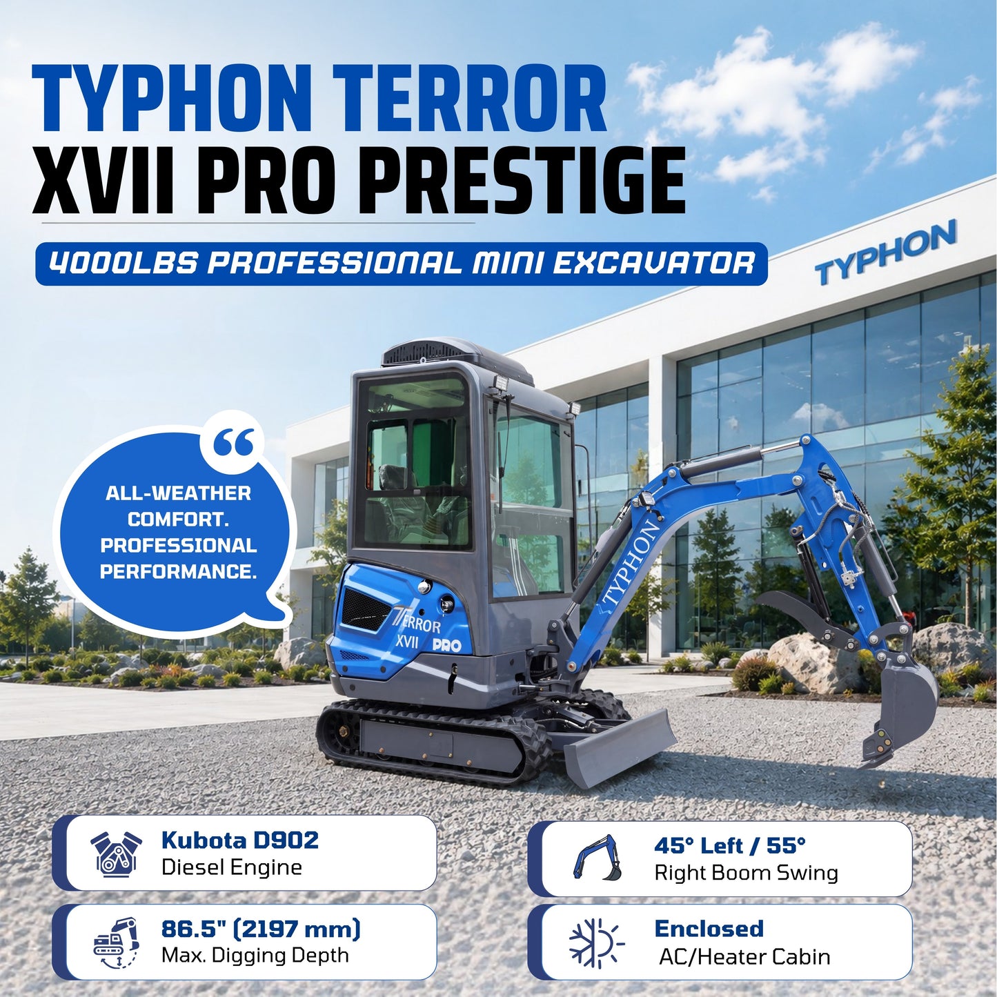 TYPHON TERROR XVII PRO Cabin Mini Excavator  Kubota D902 Diesel Retractable Tracks  Boom Swing AC & Heater