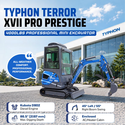 TYPHON TERROR XVII PRO Cabin Mini Excavator  Kubota D902 Diesel Retractable Tracks  Boom Swing AC & Heater