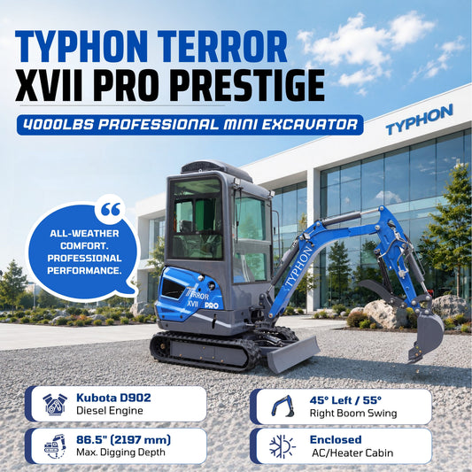 TYPHON TERROR XVII PRO Cabin Mini Excavator  Kubota D902 Diesel Retractable Tracks  Boom Swing AC & Heater - New Excavator For Sale