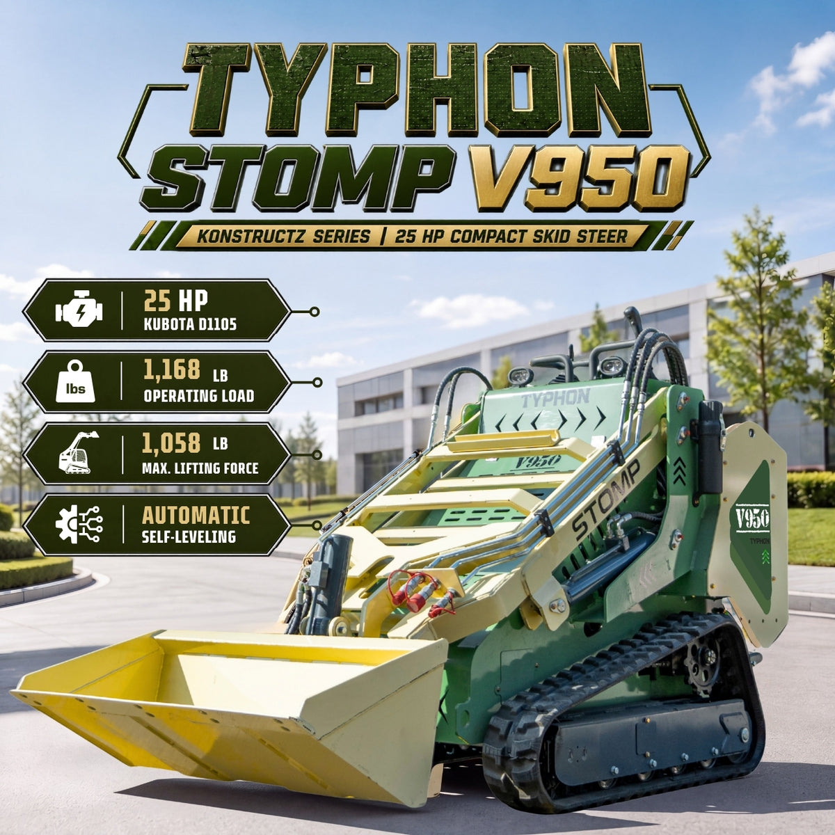 TYPHON STOMP V950 25HP Kubota Diesel Mini Skid Steer Track Loader – Konstructz Series