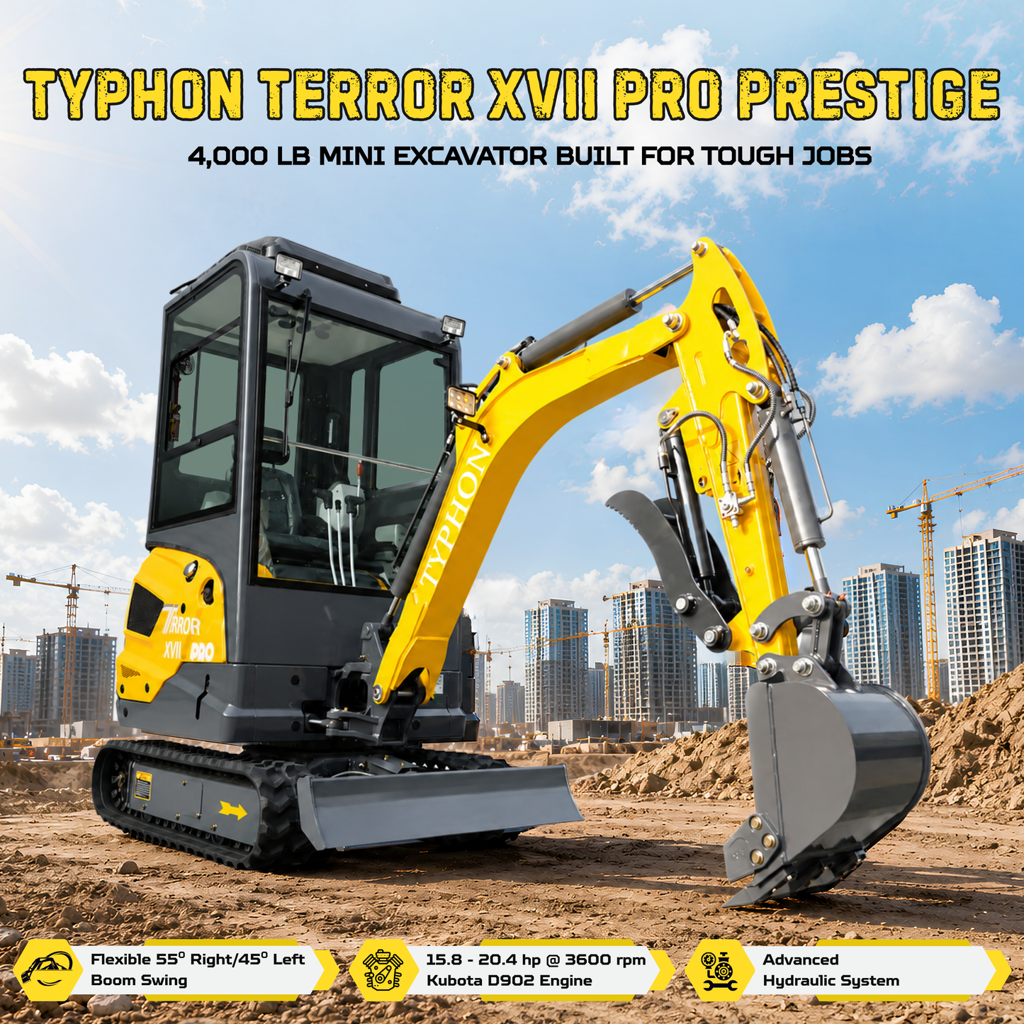 TYPHON TERROR XVII PRO Prestige Edition 4000 lb Mini Excavator Kubota D902 Diesel Engine Boom Swing Retractable Tracks  AC & Heater Hydraulic Thumb