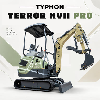 TYPHON TERROR XVII PRO 3,800 lb mini excavator with a Kubota D902 diesel engine, 360° swing, hydraulic thumb, and dozer blade.