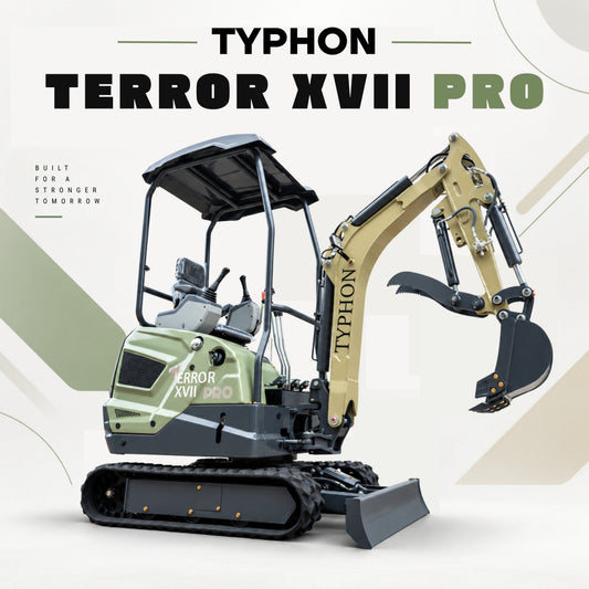TYPHON TERROR XVII PRO 3,800 lb mini excavator with a Kubota D902 diesel engine, 360° swing, hydraulic thumb, and dozer blade.