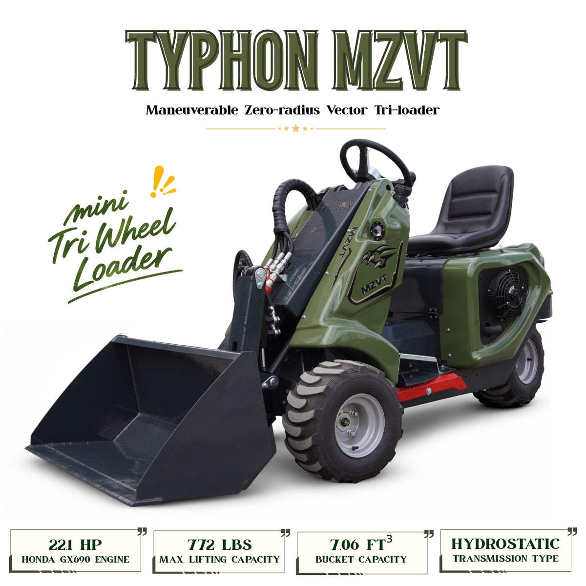 TYPHON MZVT Mini Wheel Loader 22 HP Honda GX690 772 LB Lift Hydraulic Bucket