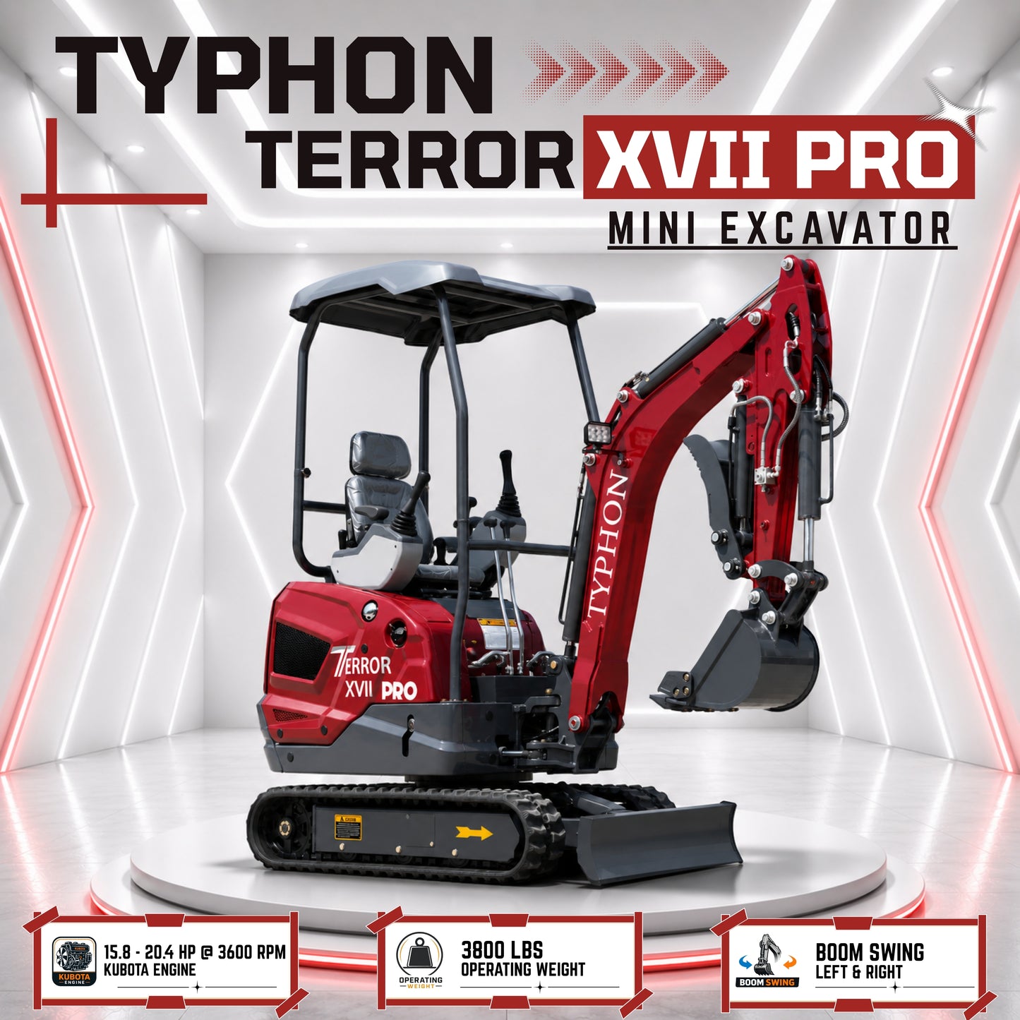 YPHON TERROR XVII PRO Mini Excavator. Powered by a Kubota D902 engine, featuring dual auxiliary hydraulics, 86-inch diging depth, and a hydraulic thumb. Free Shipping.