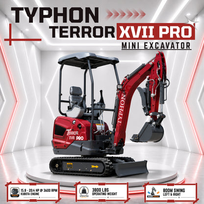 YPHON TERROR XVII PRO Mini Excavator. Powered by a Kubota D902 engine, featuring dual auxiliary hydraulics, 86-inch diging depth, and a hydraulic thumb. Free Shipping.