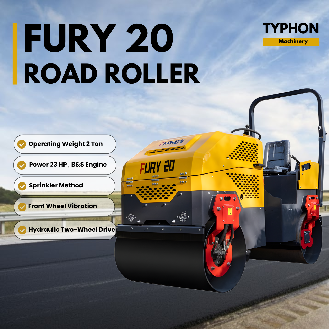 Fury 20 Mini Road Roller Hydraulic Two Wheel Drive, Front Wheel Vibration System, 23 hp B&S Engine USA