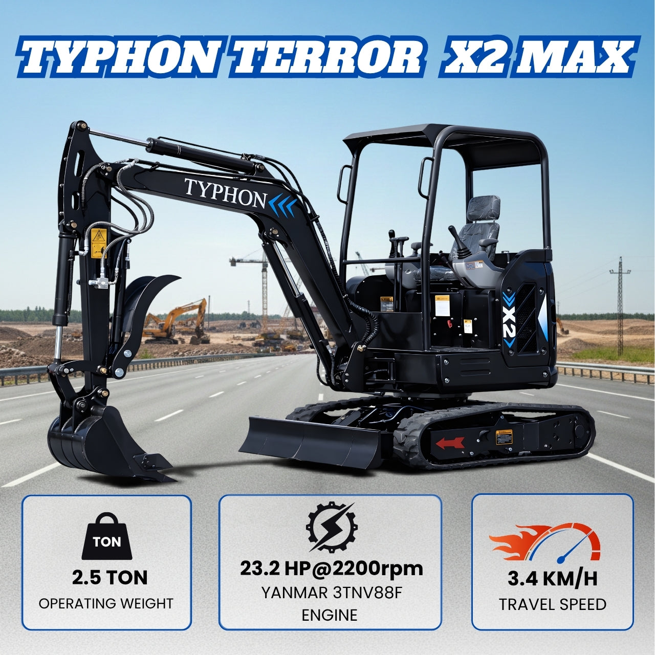 TYPHON TERROR X2 MAX 2.5Ton Mini Excavator&nbsp; Yanmar Engine, Hydraulic Oil-Cooled, Boom Swing, Retractable Tracks - New Excavator For Sale