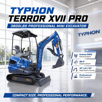 TYPHON TERROR XVII PRO 3800 lb mini excavator Hydraulic System Integrated Oil Cooler EPA-Certified Kubota D902 Engine