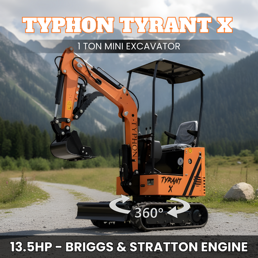TYPHON TYRANT X 1-Ton Mini Excavator 13.5HP Briggs & Stratton Engine, Hydraulic Thumb Clip, Dozer Blade, 360° Body Swing - New Excavator For Sale