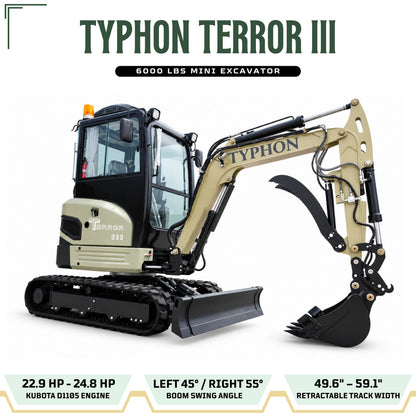 TYPHON TERROR III PROPACT Series Mini Excavator 6,000 lb Kubota D1105, Zero Tail Swing, AC/Heater