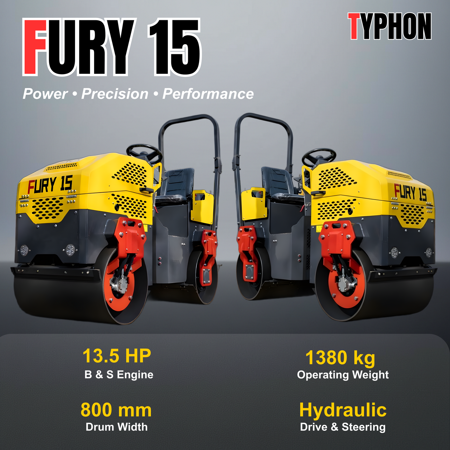 TYPHON Fury 15 Compact Road Roller – Hydraulic Drive, Front Wheel Vibration System, 13.5 hp B&S Gas Engine