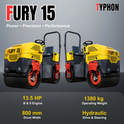 TYPHON Fury 15 Compact Road Roller – Hydraulic Drive, Front Wheel Vibration System, 13.5 hp B&S Gas Engine