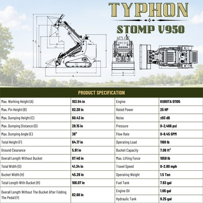 TYPHON STOMP V950 25HP Kubota Diesel Mini Skid Steer Track Loader – Konstructz Series