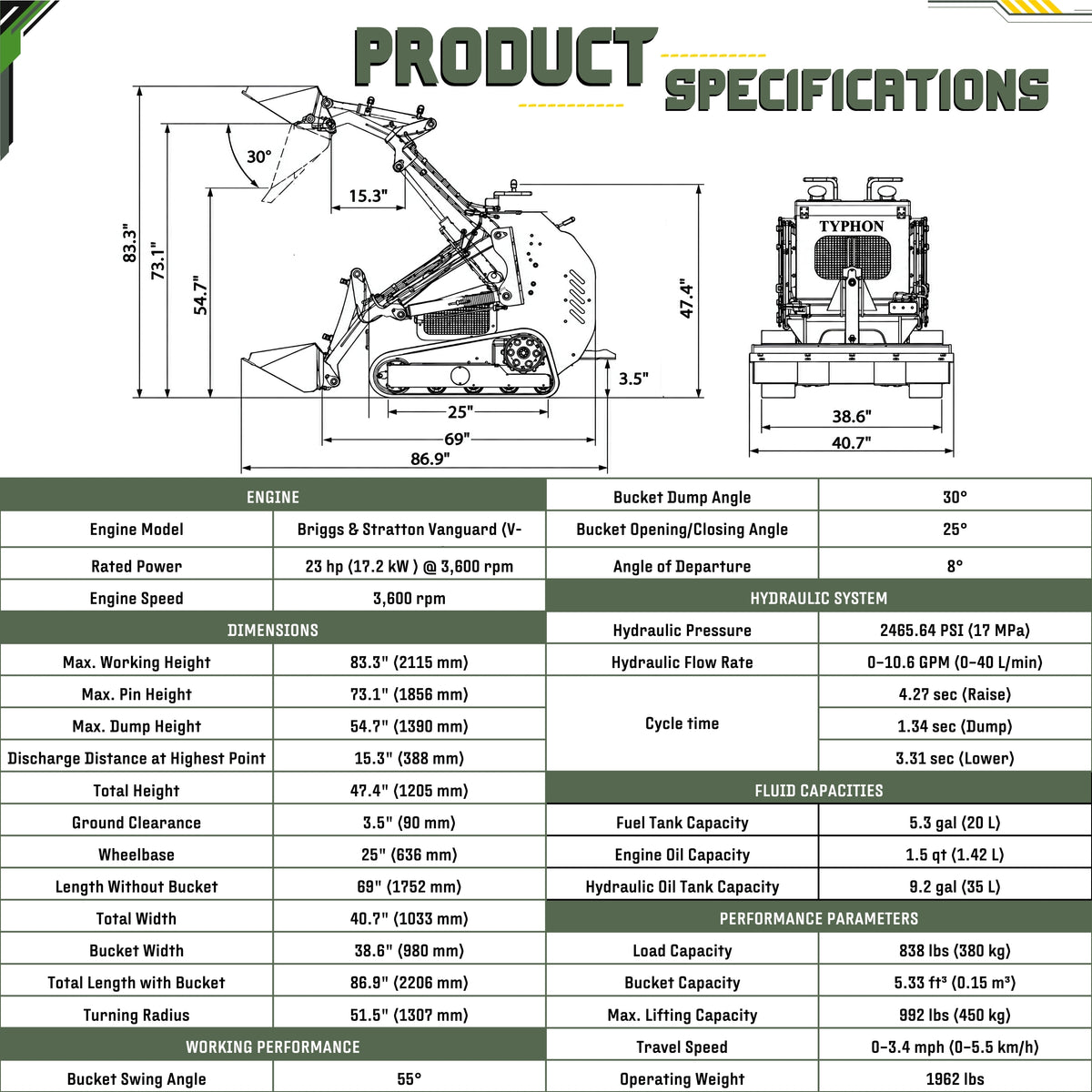 TYPHON STOMP 501 PRO Mini Skid Steer Loader – 23 HP V-Twin, Triangle Rubber Tracks (EPA Certified)
