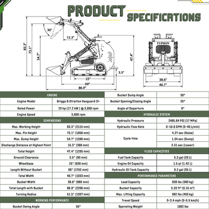 TYPHON STOMP 501 PRO Mini Skid Steer Loader – 23 HP V-Twin, Triangle Rubber Tracks (EPA Certified)
