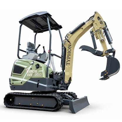 TYPHON TERROR XVII PRO 3,800 lb mini excavator with a Kubota D902 diesel engine, 360° swing, hydraulic thumb, and dozer blade.