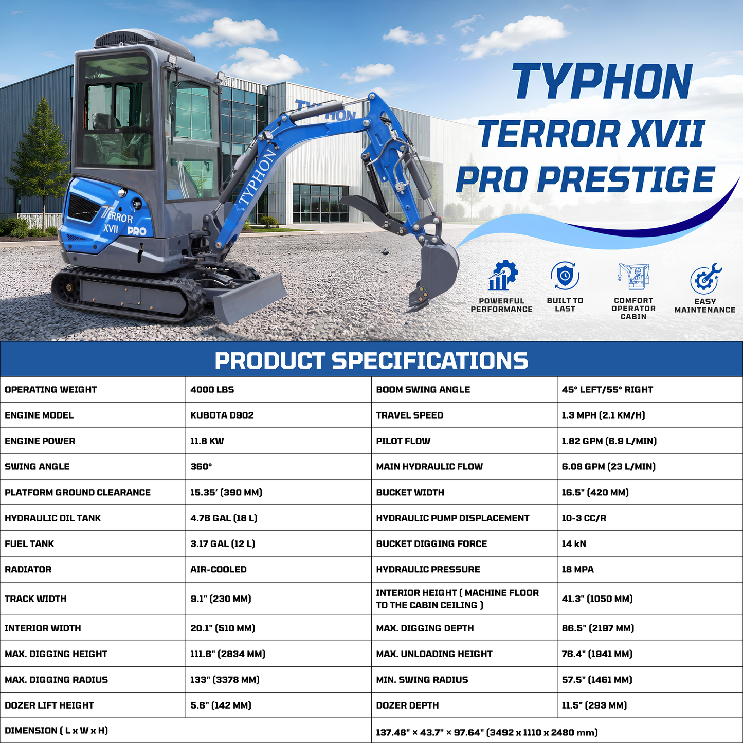 TYPHON TERROR XVII PRO Cabin Mini Excavator  Kubota D902 Diesel Retractable Tracks  Boom Swing AC & Heater