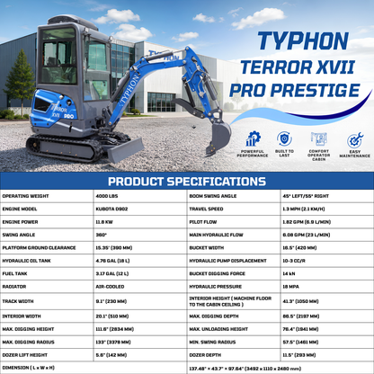 TYPHON TERROR XVII PRO Cabin Mini Excavator  Kubota D902 Diesel Retractable Tracks  Boom Swing AC & Heater