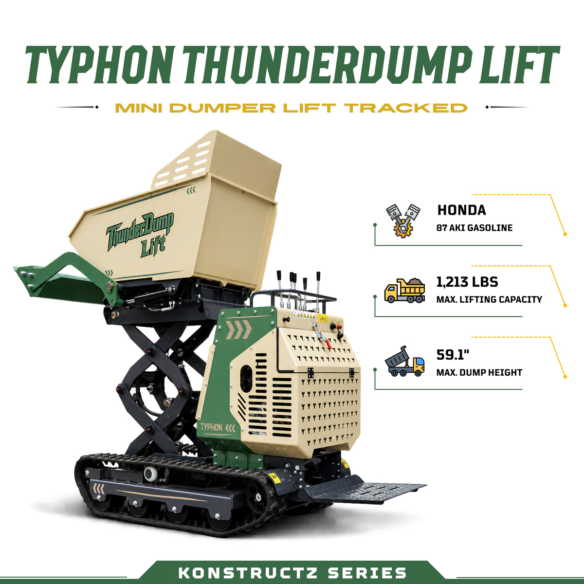 TYPHON ThunderDump Lift KONSTRUCTZ Series Compact Tracked Dumper Honda GX390, 2,205 lb Capacity