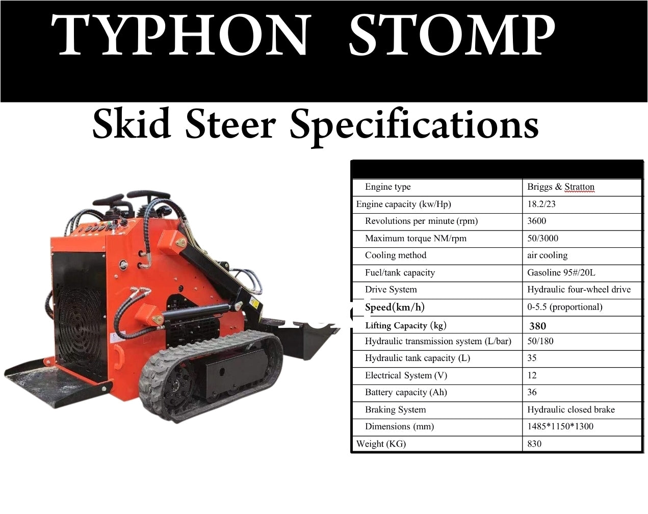 Brand New TYPHON STOMP 1,800lbs Mini Skid Steer 23HP Gas EPA B & S Engine