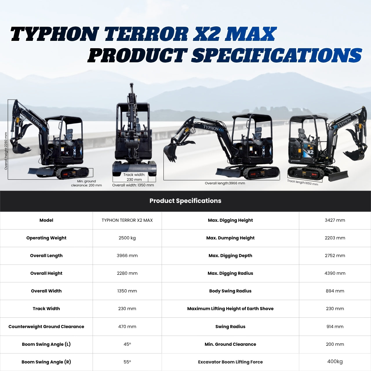 TYPHON TERROR X2 MAX 2.5Ton Mini Excavator&nbsp; Yanmar Engine, Hydraulic Oil-Cooled, Boom Swing, Retractable Tracks - New Excavator For Sale