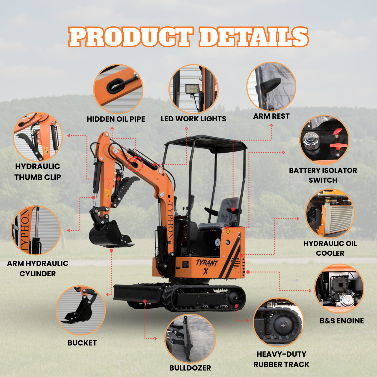 TYPHON TYRANT X 1-Ton Mini Excavator 13.5HP Briggs & Stratton Engine, Hydraulic Thumb Clip, Dozer Blade, 360° Body Swing - New Excavator For Sale