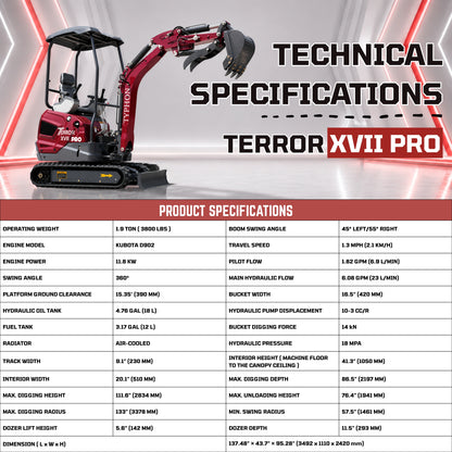 YPHON TERROR XVII PRO Mini Excavator. Powered by a Kubota D902 engine, featuring dual auxiliary hydraulics, 86-inch diging depth, and a hydraulic thumb. Free Shipping.